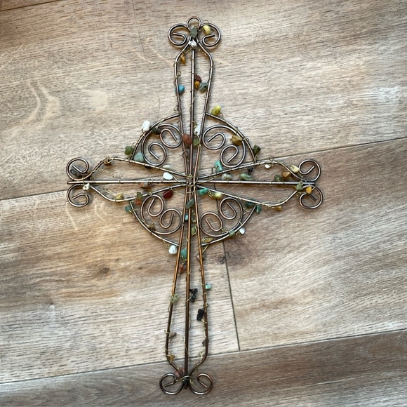 Metal Wire Stone Wall Cross Medium Brown  Home Hanging Religious Decor Art Beads - Picture 1 of 6